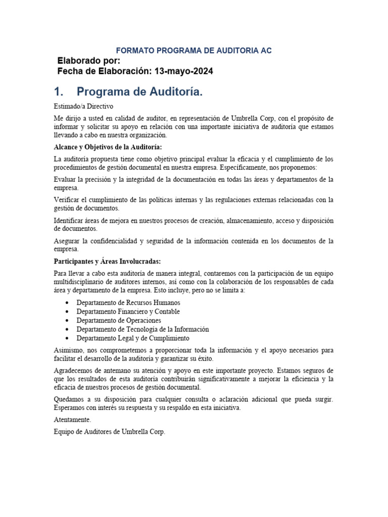 Formato Programa de Auditoria Ac | PDF | Auditoría | Business