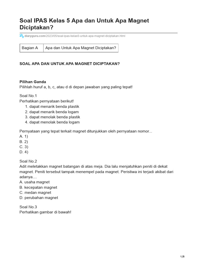 Soal ipas kelas 5 apa dan untuk apa magnet diciptakan pdf
