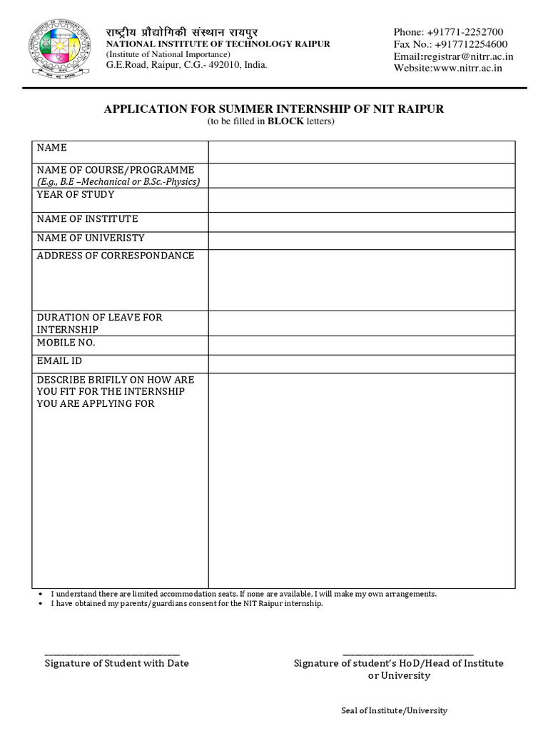 NIT Raipur Summer Internship Application | PDF