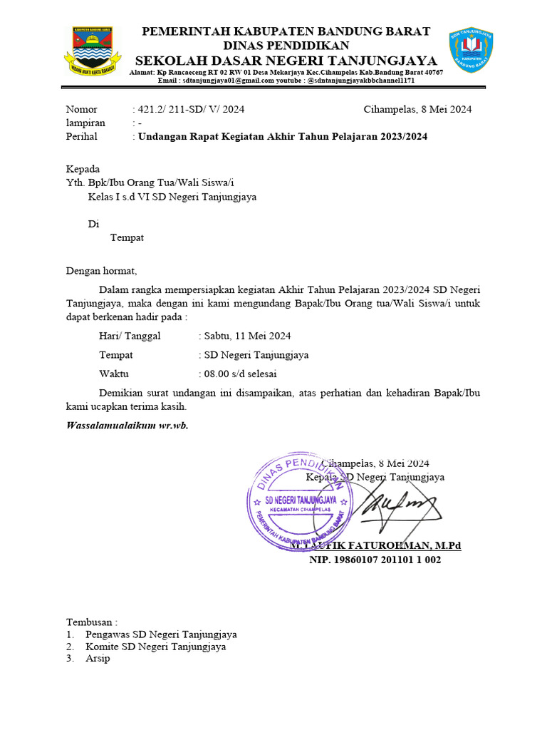 Surat Undangan Rapat Akhir Tahun Pelajaran | PDF