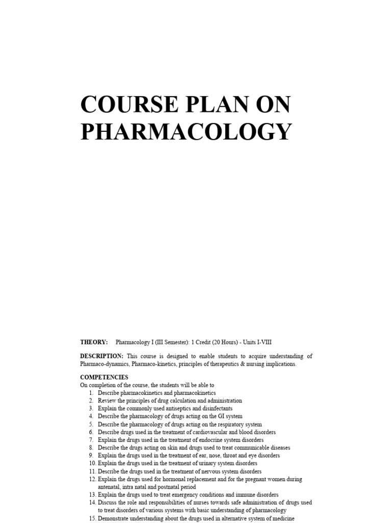 Bsc Nursing Pharmacology Course Plan Pdf Pharmacology