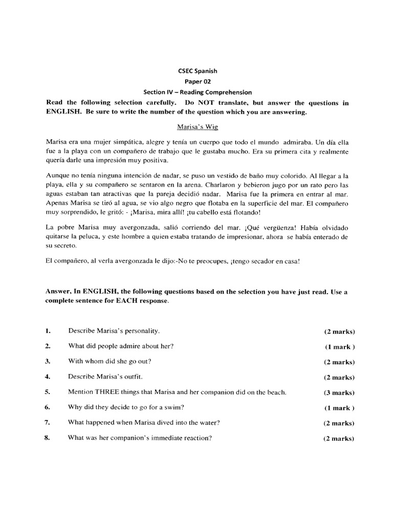 CSEC Spanish Reading Comprehension Guide | PDF | Question | Grammar