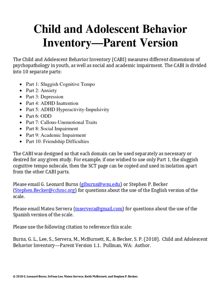 Parent Version of Child Behavior Inventory | PDF | Sibling | Anxiety