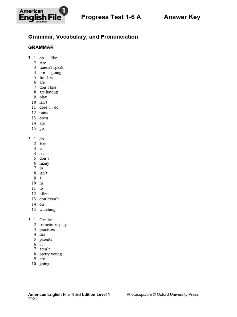 American English File 3 Progress Test Answer Key | PDF | Learning