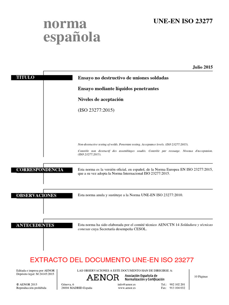 Norma UNE-EN ISO 23277:2015 | PDF | Aleación | Ciencias fisicas