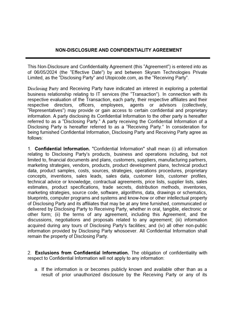Trade Secrets Non Disclosure and Confidentiality Agreement Download