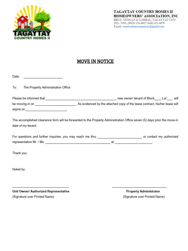 MOVE IN NOTICE - Docx-New | PDF | Lease | Property Law