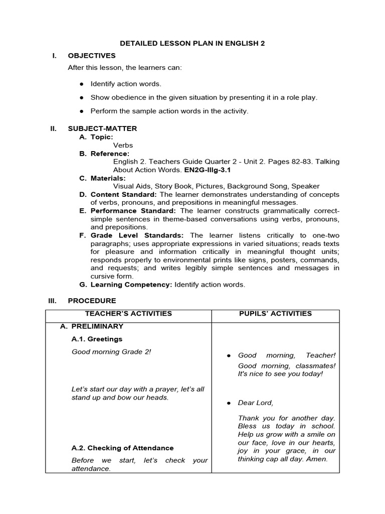 Dlp In English 2 Verbs Pdf English Language Word