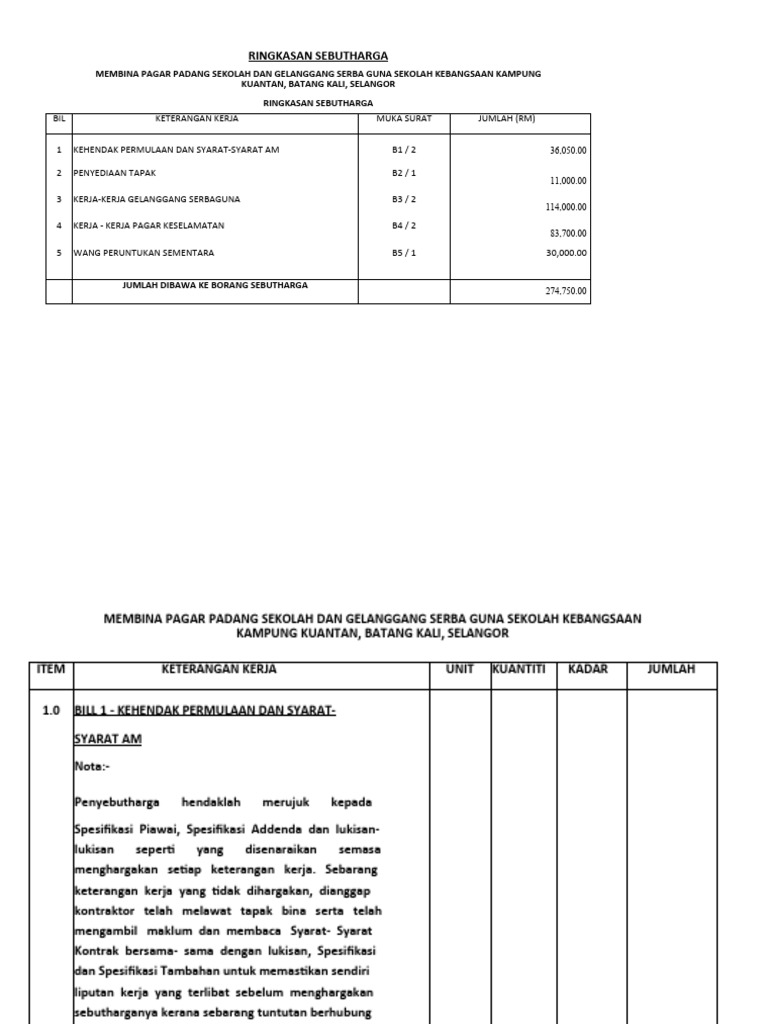 Sebutharga Pembinaan SK Kampung Kuantan | PDF