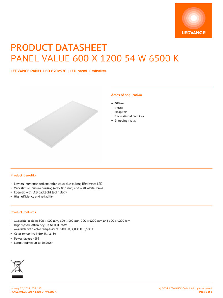 LEDVANCE 600x1200 Panel Datasheet | PDF | Light Emitting Diode ...