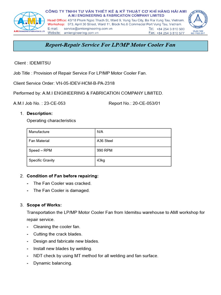 LP/MP Motor Cooler Fan Repair Report | PDF