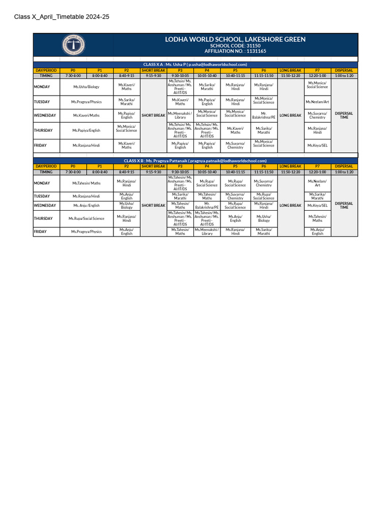 Class X Timetable 2024-25 - Lodha World School | PDF