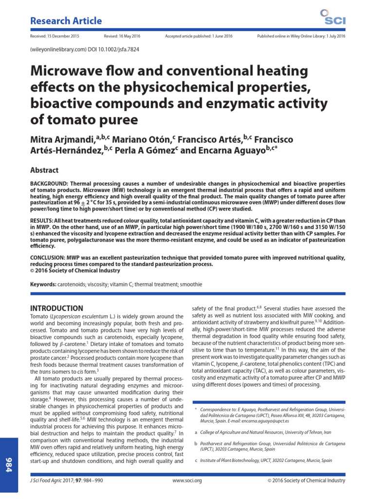 2017 MW Bioactive Quality Tomato Puree Arjmandi JSFA | PDF | Viscosity ...