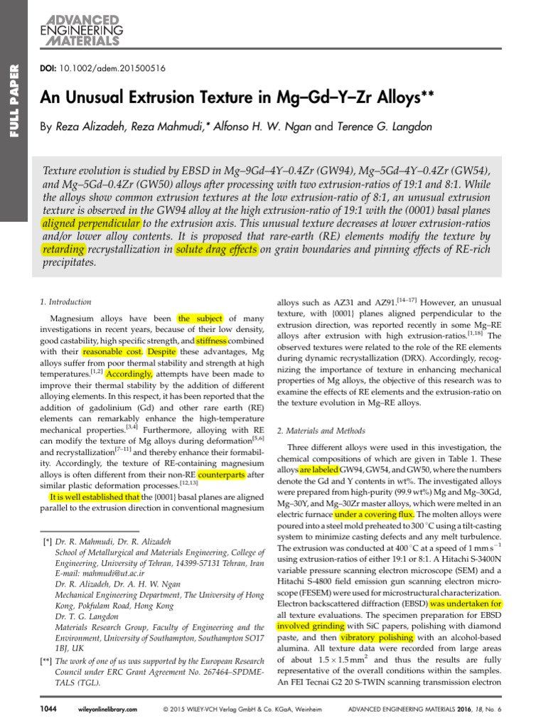 Unusual Texture in Mg–Gd–Y–Zr Alloys | PDF | Magnesium | Crystallite