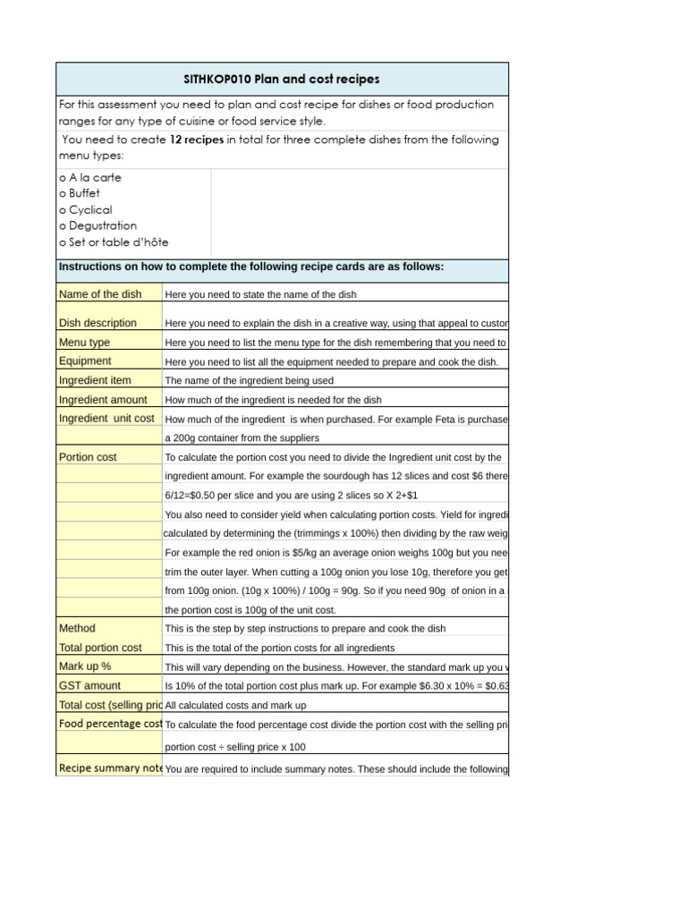 SITHKOP010 Standard Recipe Card Template | PDF | Sausage | Grilling