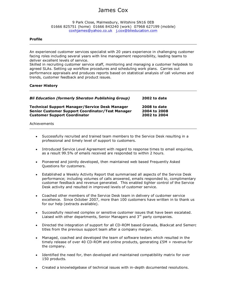 James Cox Cv Helpdesk Csm Revised 290111 Technical Support