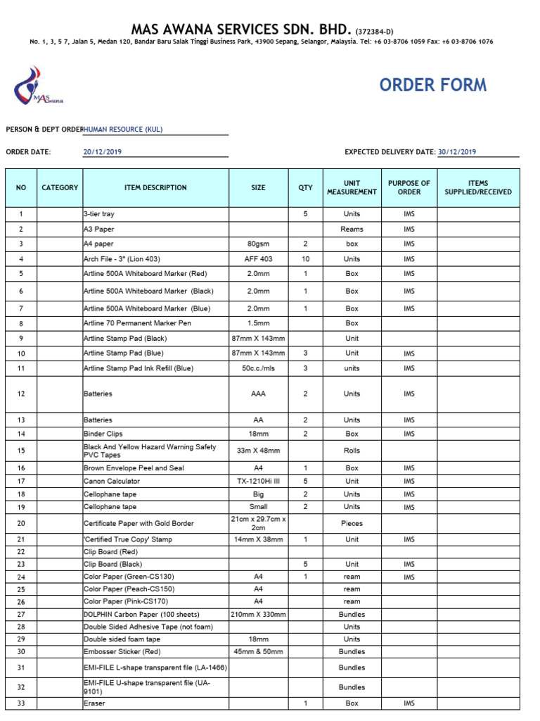 MAS Awana Order Form for Office Supplies | PDF | Conservation And ...