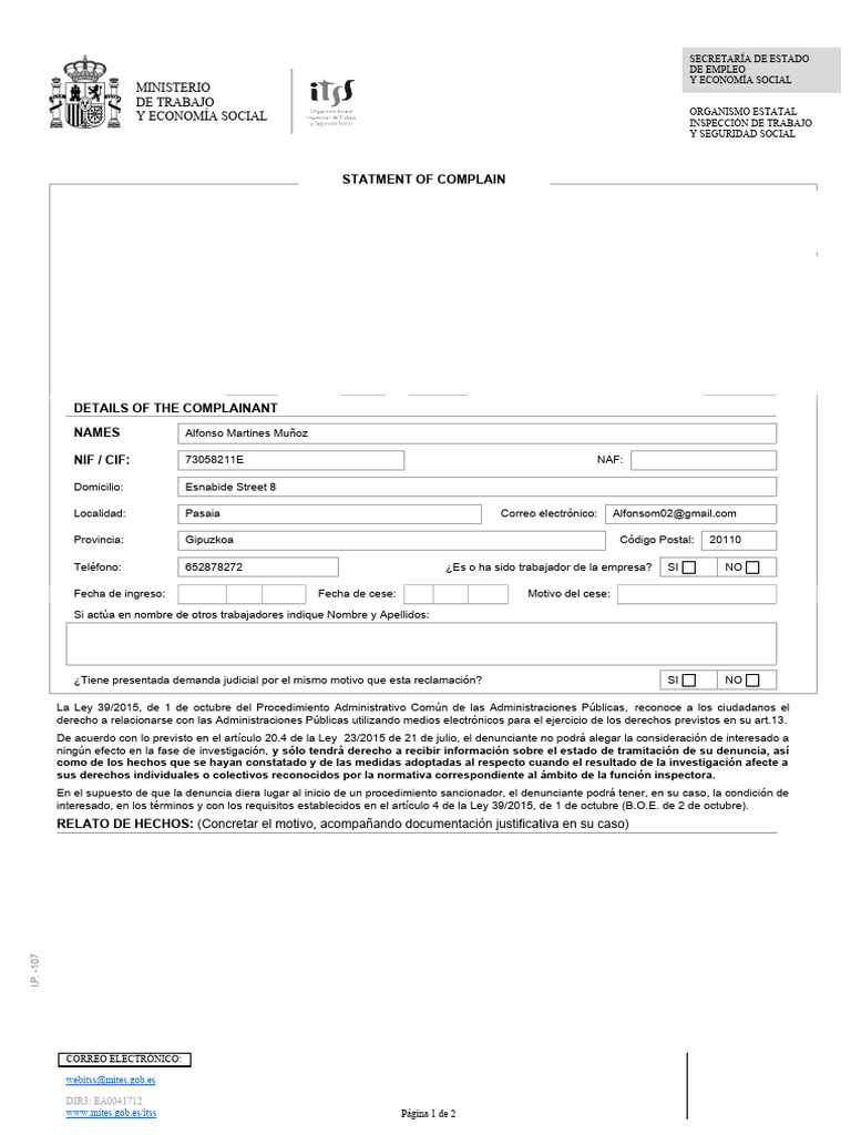 Escrito Denuncia IP-107 | PDF | Bienestar | Justicia