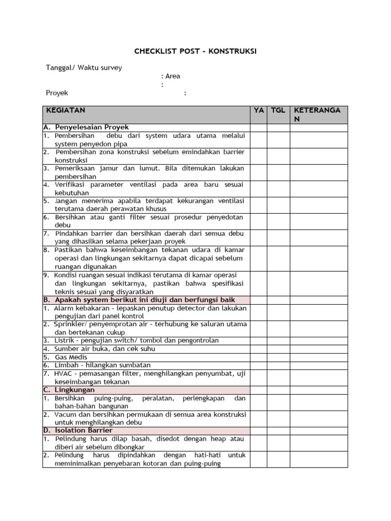 Checklist Pasca Konstruksi Kesehatan | PDF | Griya & Taman | Sains ...