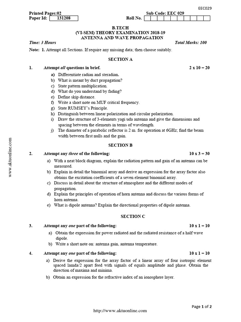 Btech Ec 6 Sem Antenna and Wave Propagation Eec029 2019 | PDF | Antenna ...