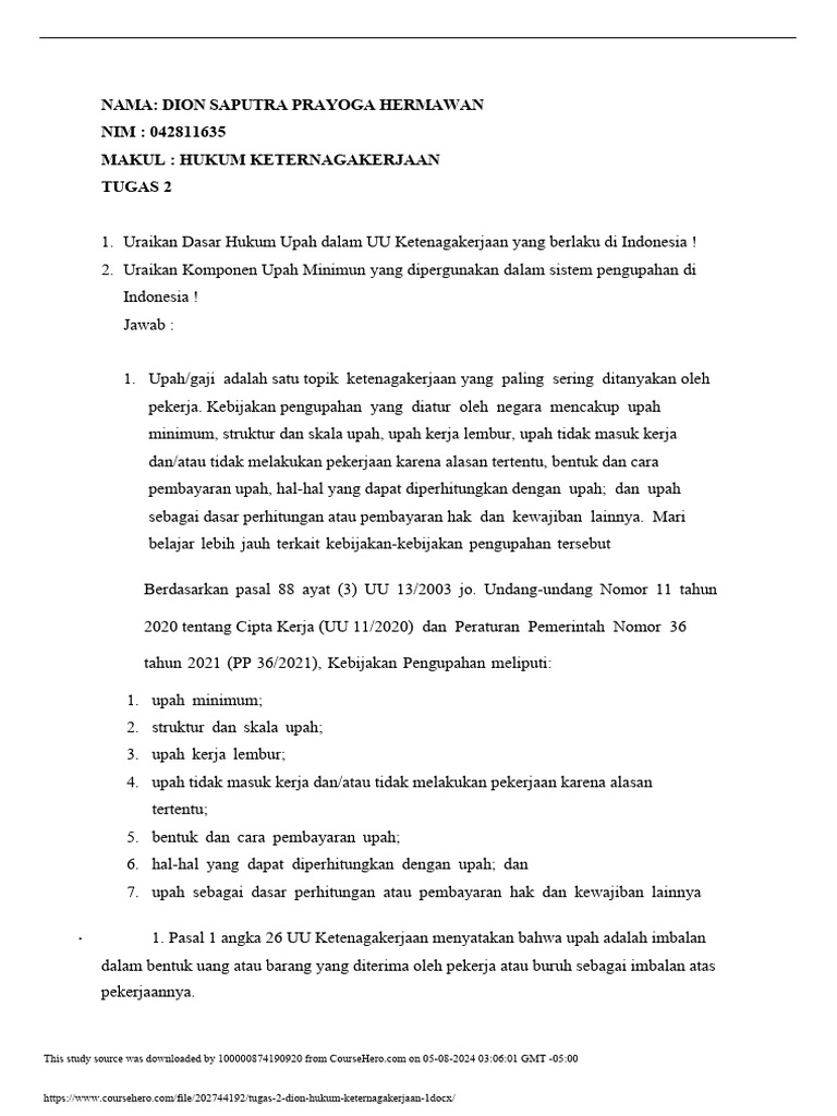 Dasar Hukum dan Komponen Upah Indonesia | PDF