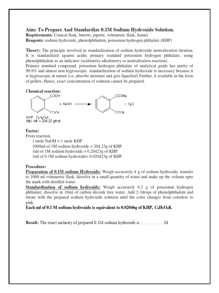 Standardizing 0.1M Sodium Hydroxide Solution | PDF | Titration | Chemistry