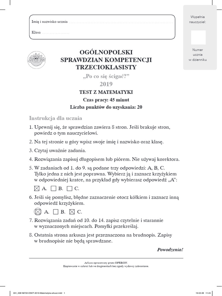 Testy I Sprawdziany Klasa 3 Test 3 Klasisty-2019-Matematyka | PDF