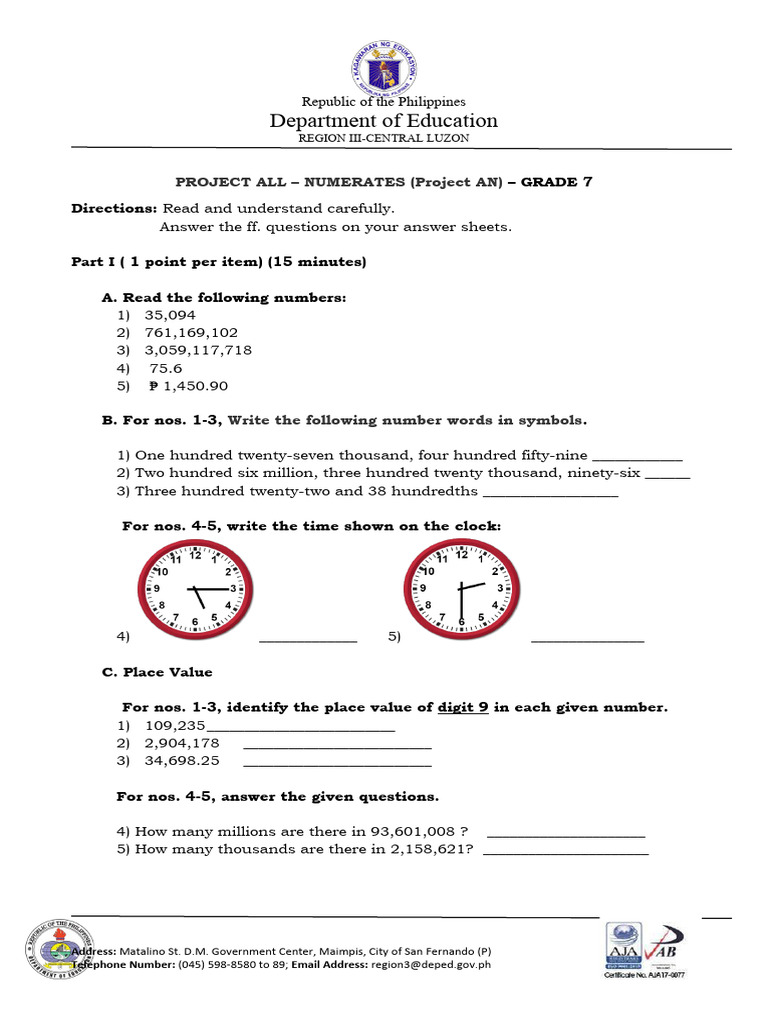 Grade 7 Math Assessment Guide | PDF | Applied Mathematics | Arithmetic