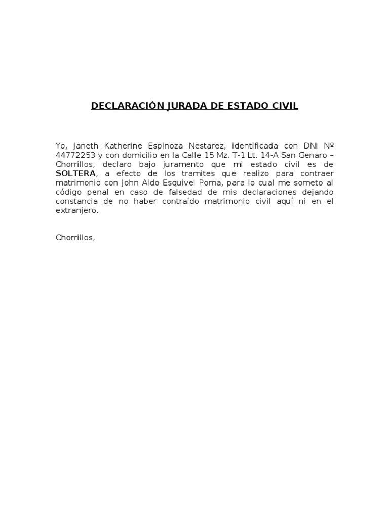 DECLARACIÓN JURADA DE ESTADO CIVIL