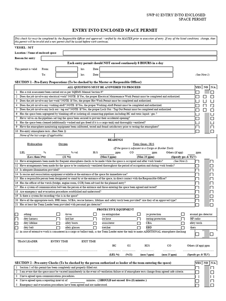 SWP 02 ENTRY INTO ENCLOSED SPACE PERMIT PDF Personal Protective
