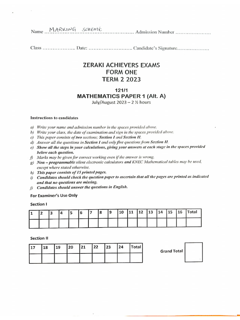 Maths Form 1 - Marking Scheme | PDF
