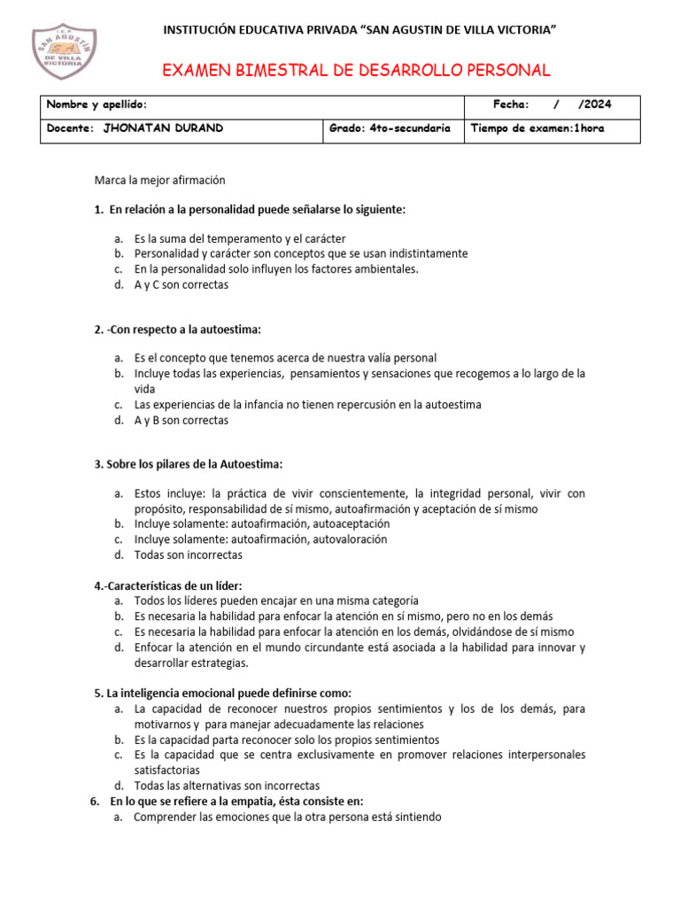 Examen de Desarrollo Personal | PDF | Autoestima | Cognición