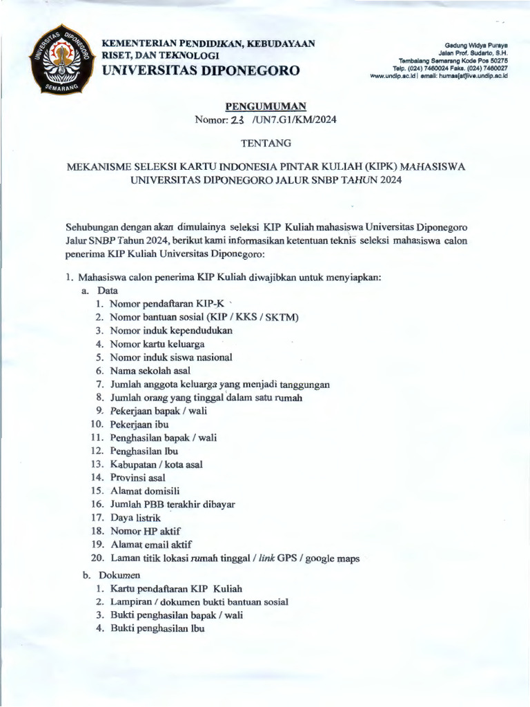 Mekanisme Seleksi KIP Kuliah Undip 2024 | PDF