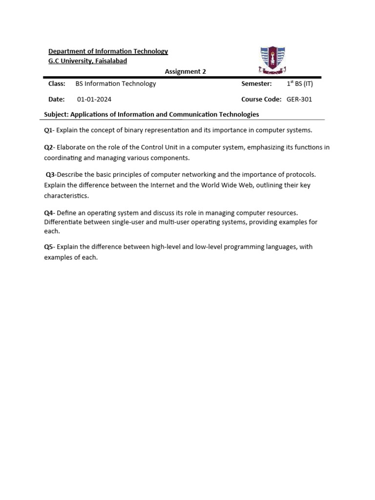 IT Assignment: Binary, Control Units, Networking | PDF