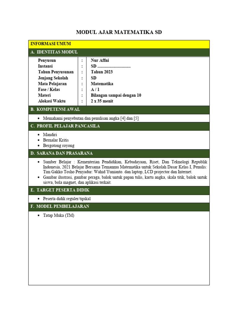 Modul Ajar Matematika Kelas 1 SD | PDF | Karier & Perkembangan