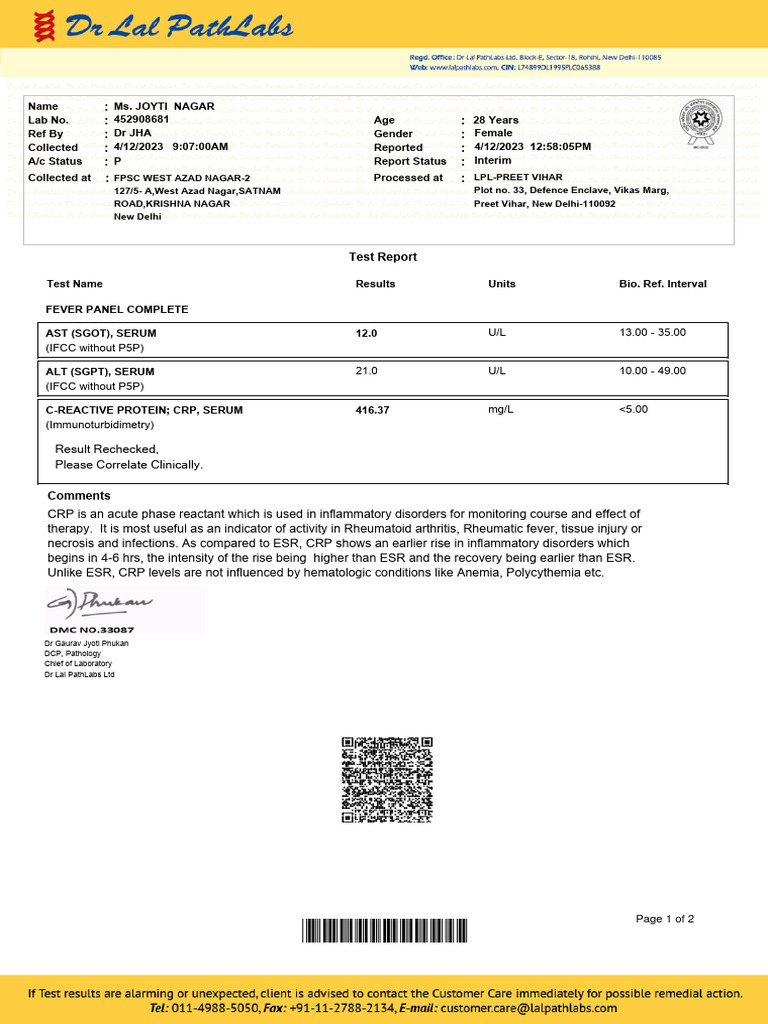 Fever Panel Test Report for Ms. Joyti Nagar | PDF | C Reactive Protein ...