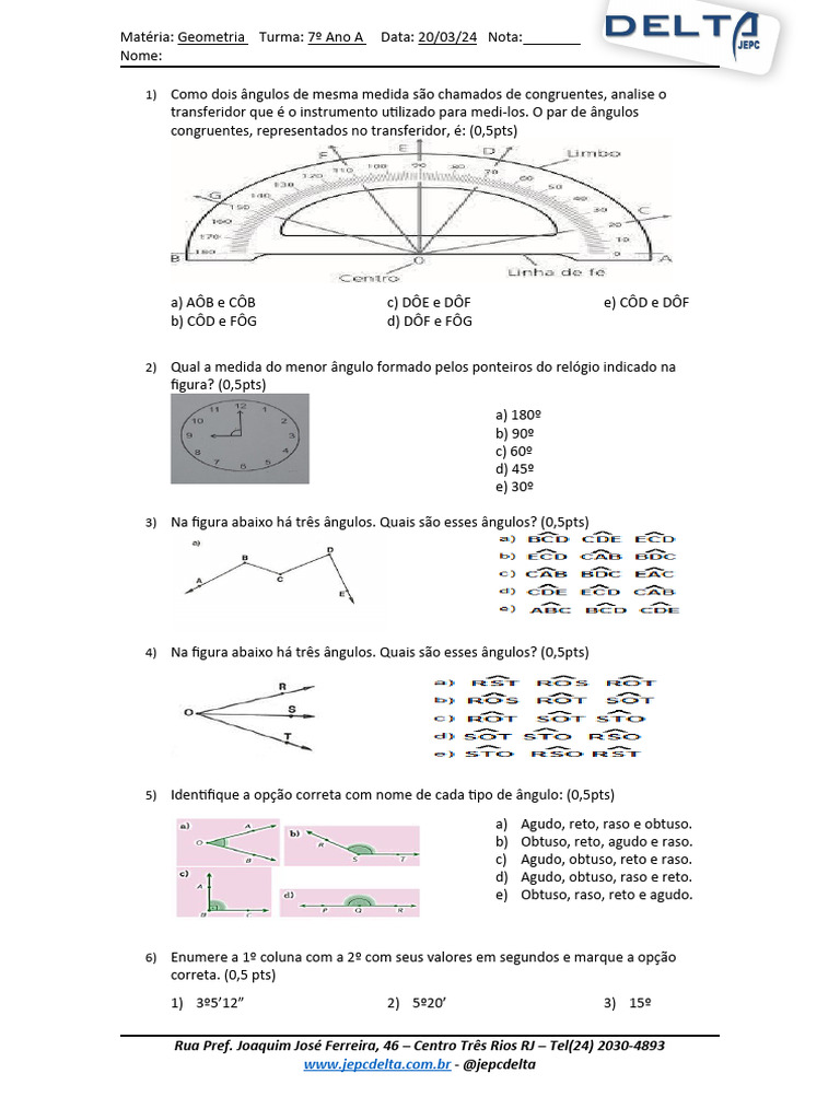 Teste - 7º Ano a - Delta - 1º Bimestre - 20-03-24 | PDF | Ângulo ...