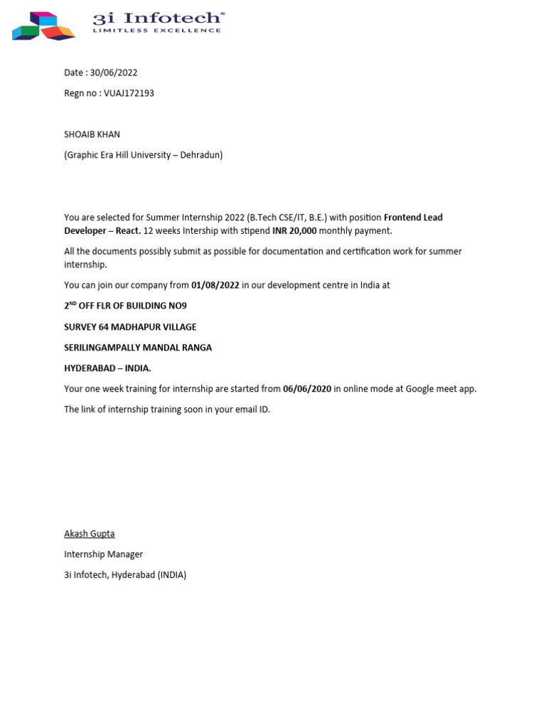 Summer Internship Offer: Frontend Developer | PDF