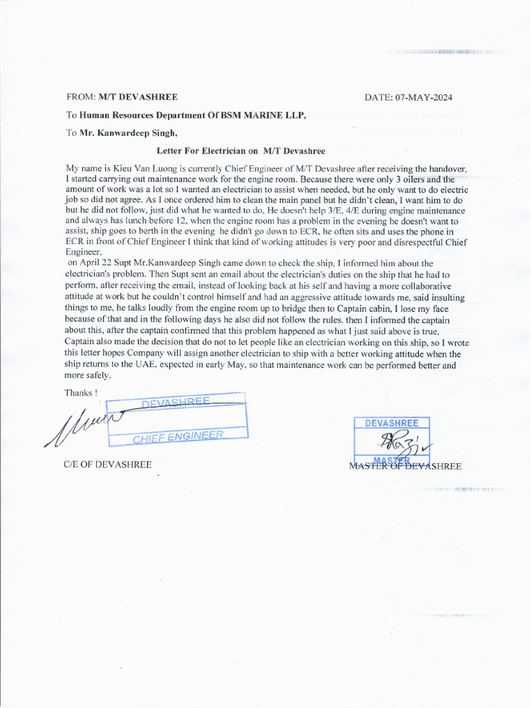 Letter From Chief Engineer Regarding ETO | PDF