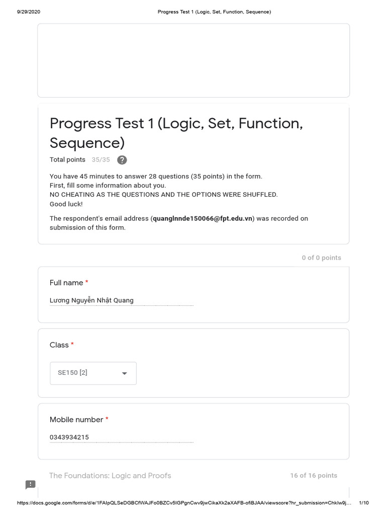 Progress Test 1 (Logic, Set, Function, Sequence) | PDF | Logic ...