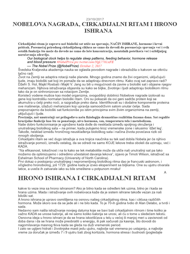 Cirkardijalni Ritam I Ishrana | PDF