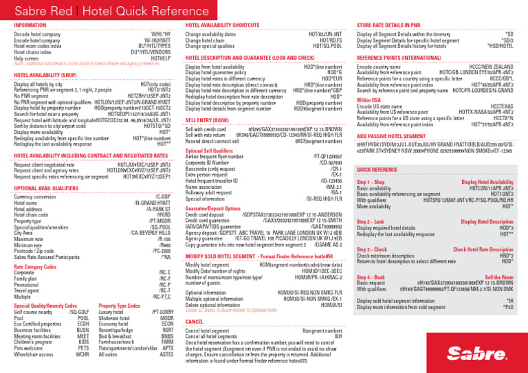 Sabre Hotel Commands Quick Reference | PDF | Hotel