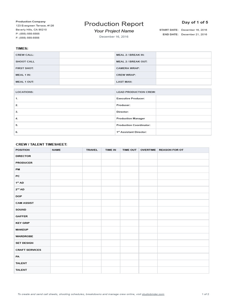 Daily Film Production Report Template | PDF