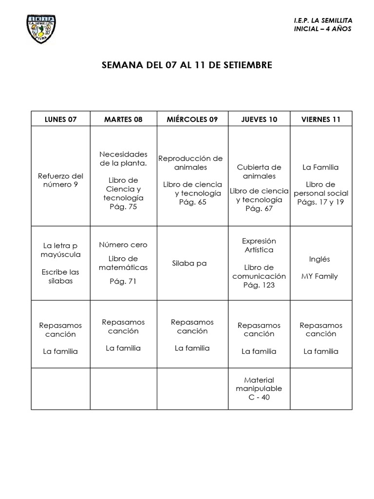Semana Del 07 Al 11 De Setiembre 4 Años Pdf
