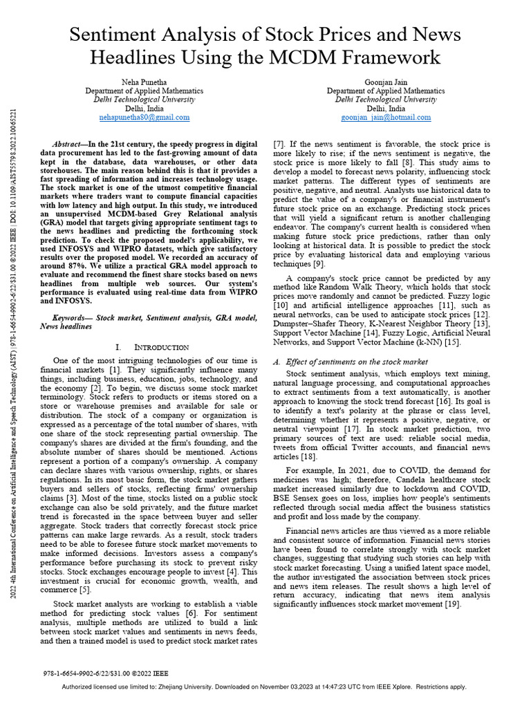 Sentiment Analysis of Stock Prices and News Headlines Using The MCDM ...