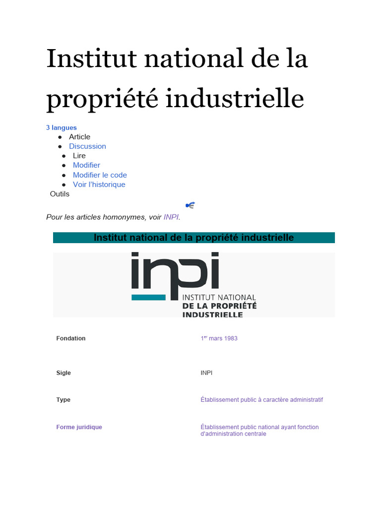 INPI : Rôle et Missions en France | PDF | Loi sur la propriété ...