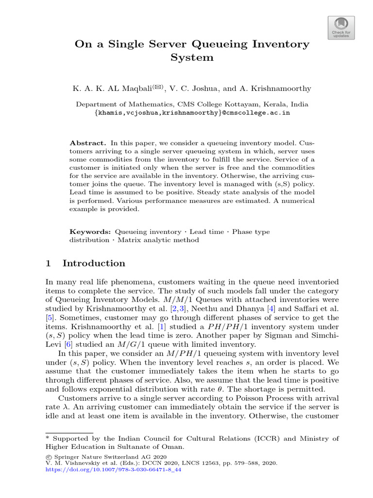 Single Server Queueing Inventory Model | PDF | Stent | Applied Mathematics