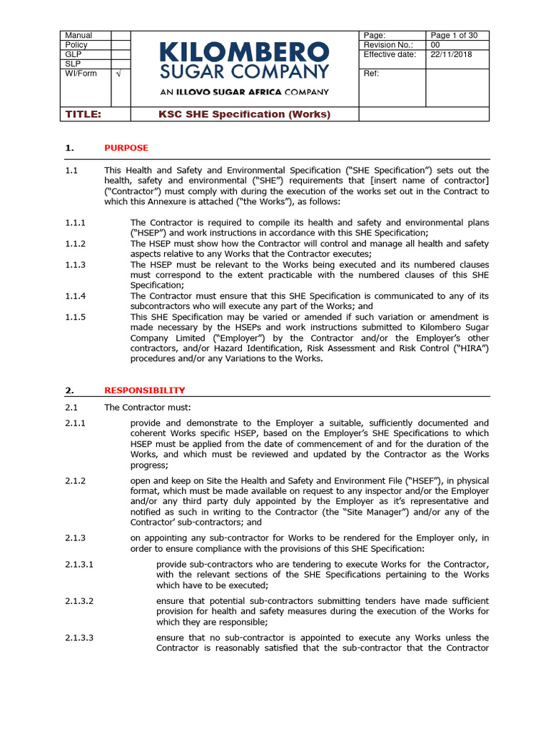 KSC SHE Specification for Contractors | PDF | Occupational Safety And ...