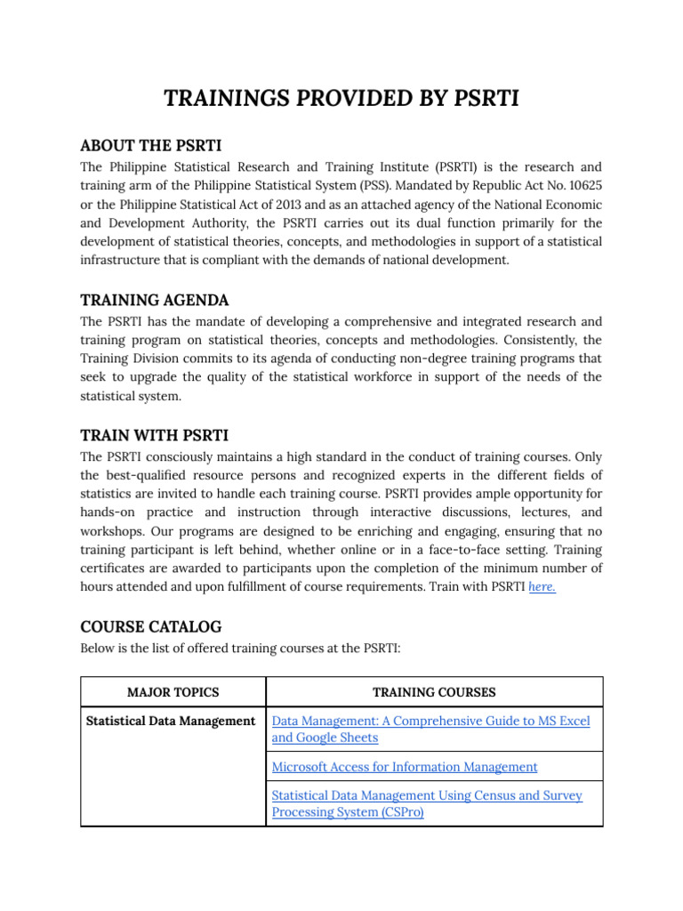 PSRTI Training Programs Overview | PDF | Statistics | Data Analysis