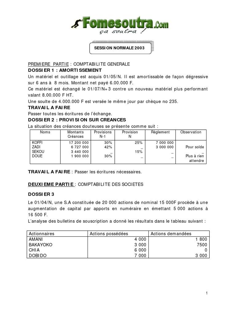 Sujet Bac 2003 : Comptabilité Générale | PDF | Comptabilité | Services ...